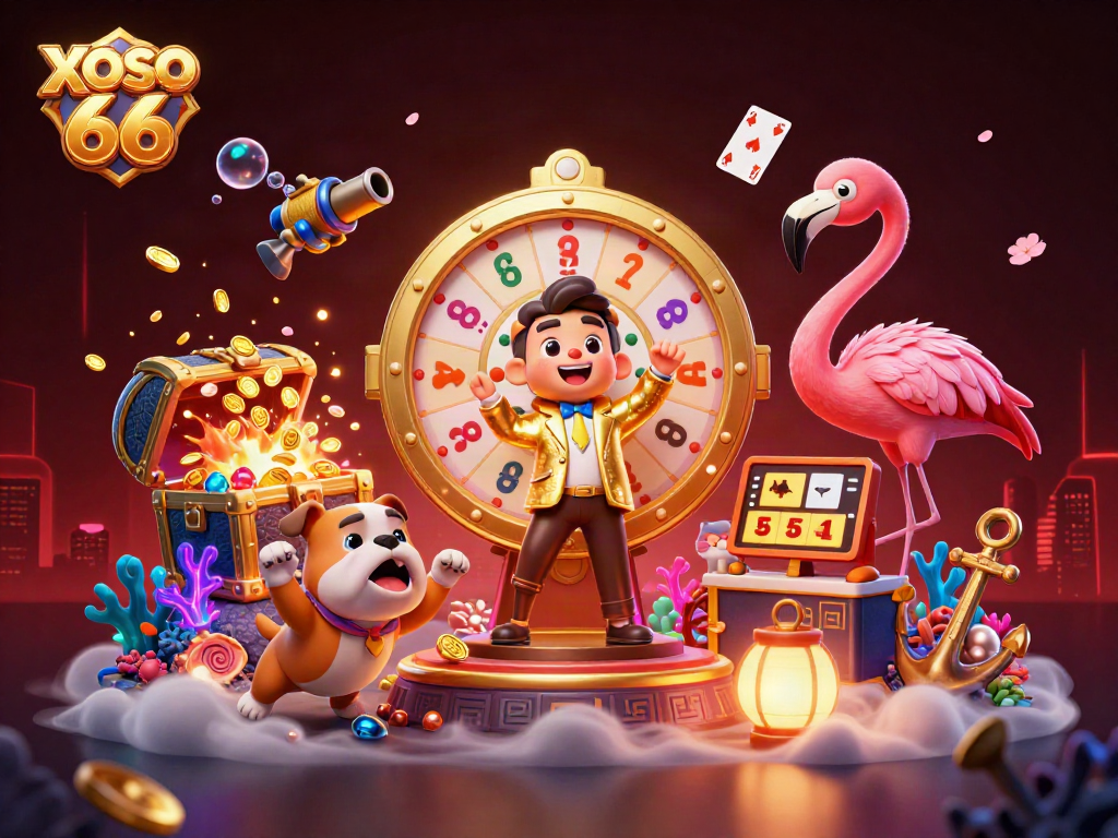 XOSO 66 engages players with thrilling rewards in a vibrant casino game scene illustration.
