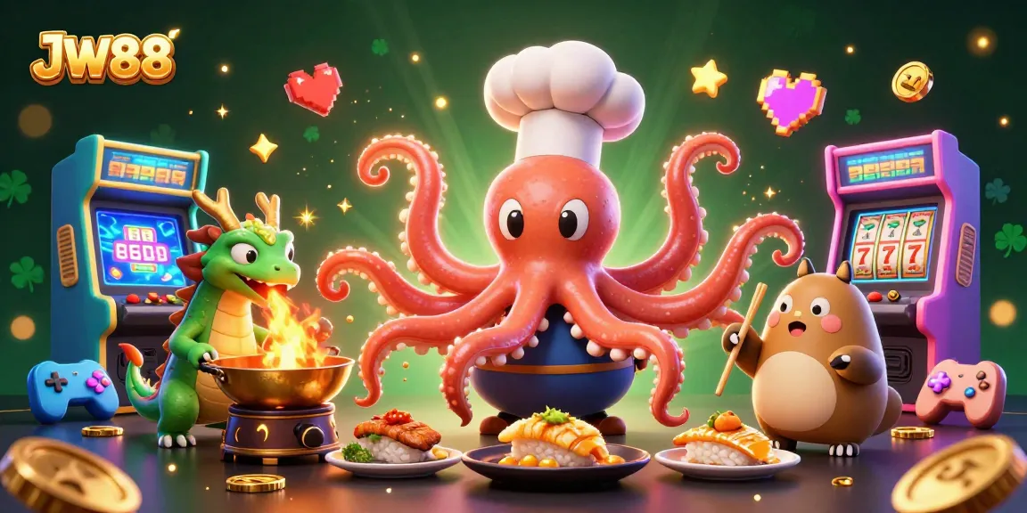 Experience thrilling gaming action at JW88 with sushi chef octopus and dragon in a vibrant casino scene.