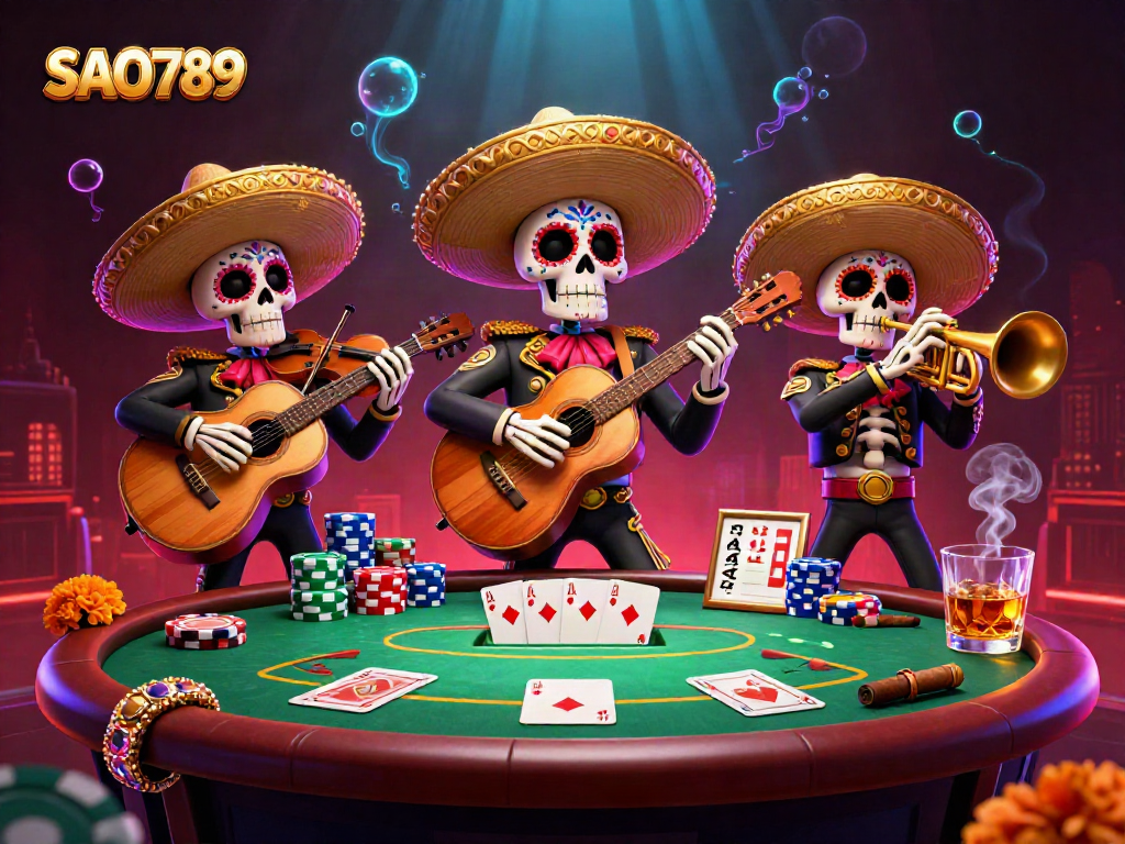 Experience the thrill of SAO789 with vibrant skeleton mariachi band celebrating at a poker table.