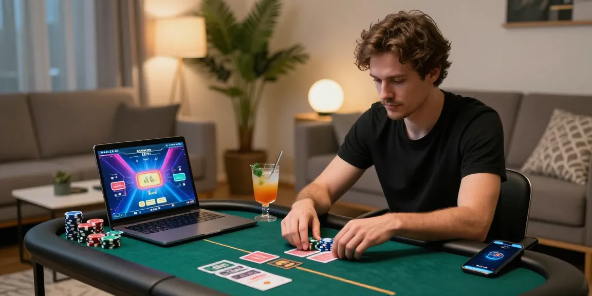 Dewapoker online gaming scene with focused player, poker chips, and vibrant laptop graphics.