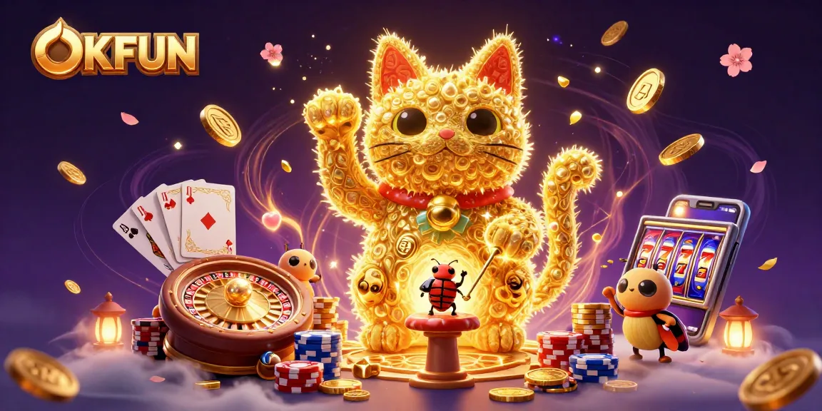 Engage in exciting gaming action with OKFUN's vibrant lucky cat, symbolizing wealth and fortune amidst magical casino elements.