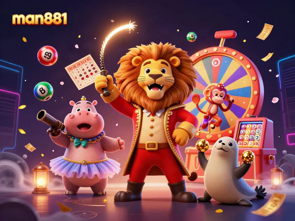 Engage in thrilling games at man881 with a vibrant circus atmosphere showcasing lively casino characters.