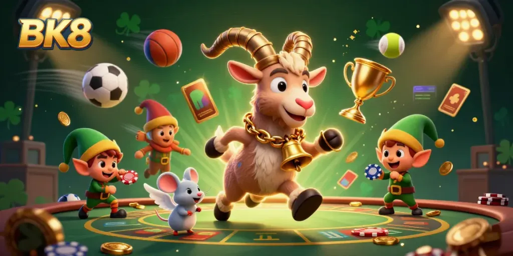 Experience the thrill of online gaming with BK8 in a festive casino scene filled with playful characters.