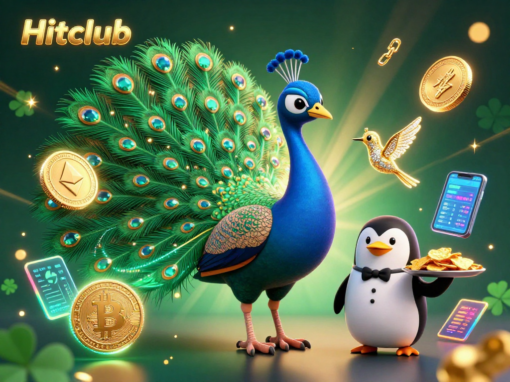 Hitclub showcases vibrant casino elements in an engaging 3D illustration filled with crypto coins and rich characters.