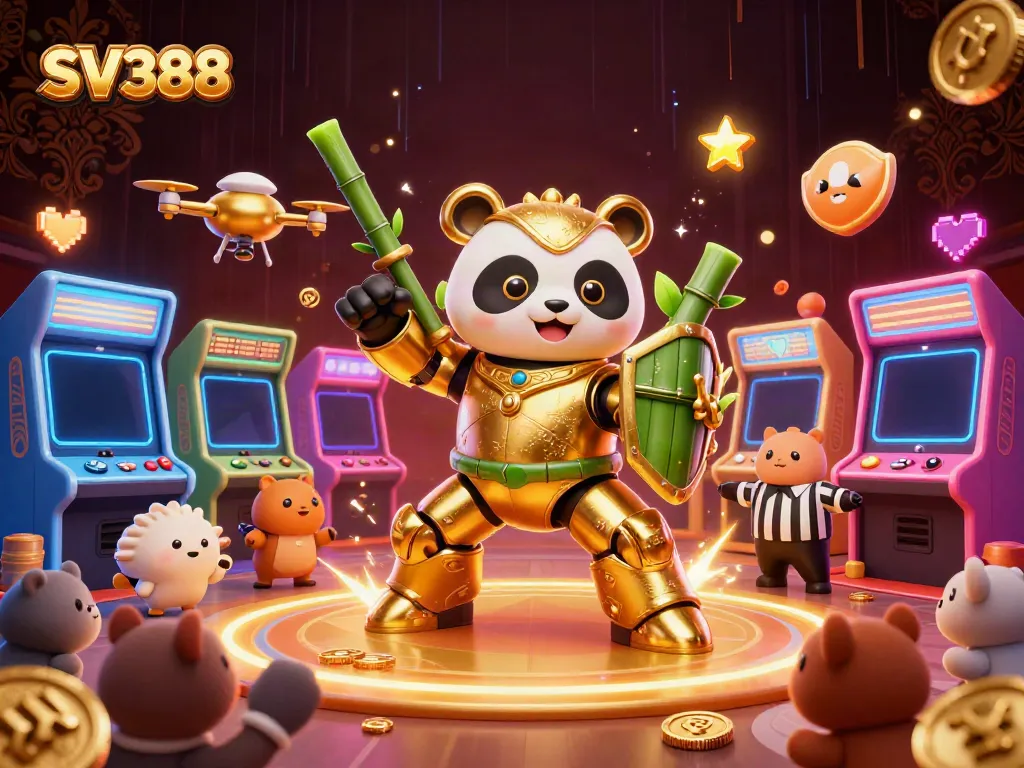 Experience the excitement of SV388 with a vibrant illustration of a golden panda mech in the arena.