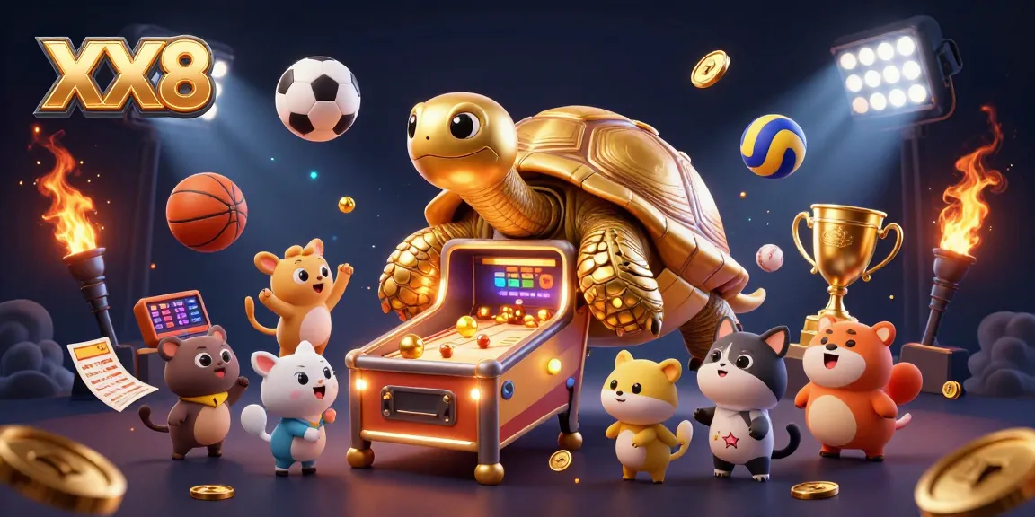Engage in thrilling gameplay at XX8 with a vibrant 3D illustration of golden tortoise pinball machine and sports elements.
