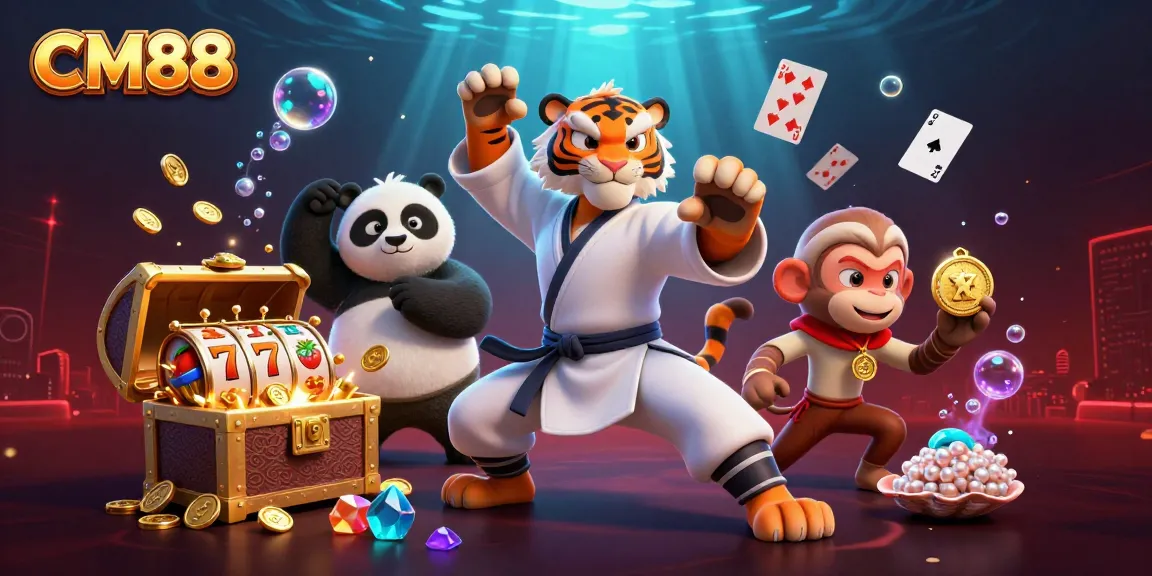 Play slots with CM88 while enjoying a lively 3D casino scene filled with fun characters.