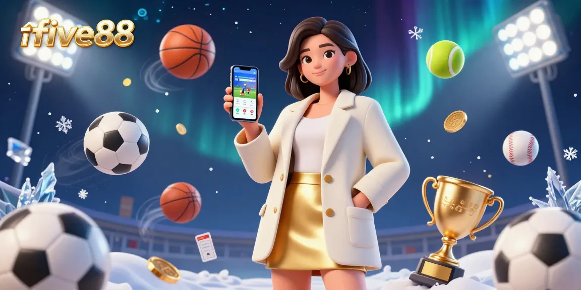 Experience the thrilling action of sports betting at five88, vibrant gaming scene with dynamic sports balls and trophies.