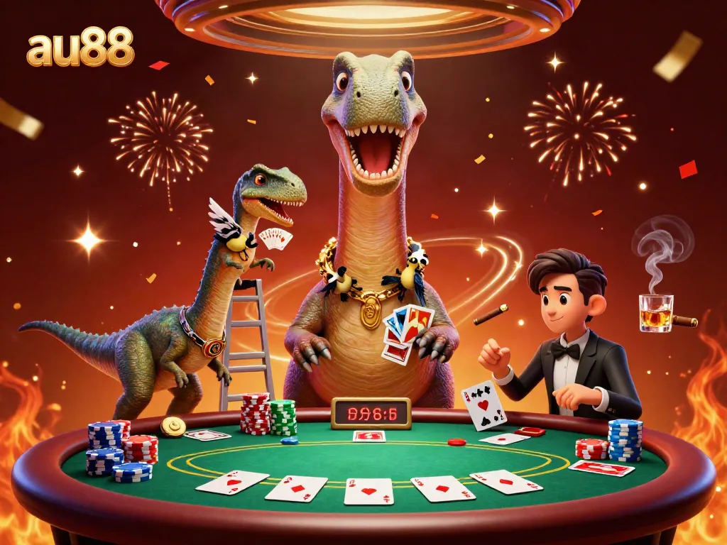 Experience thrilling gaming at au88 with a giant dinosaur overseeing a vibrant poker scene.