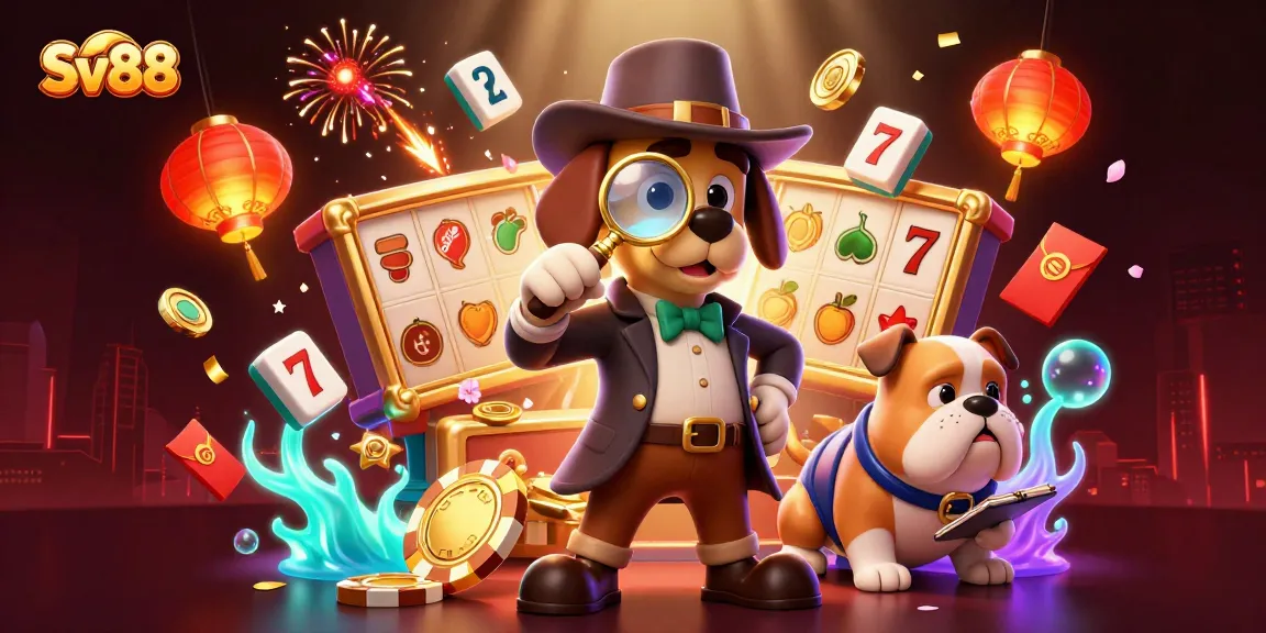 Engage with Sv88's vibrant casino scene featuring a cartoon detective uncovering treasures among colorful gambling elements.