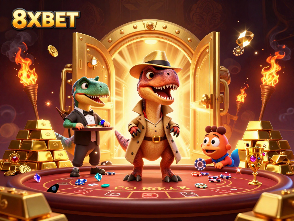 Engage with 8XBET in a vibrant casino scene featuring a velociraptor card counter, adding excitement to the game.