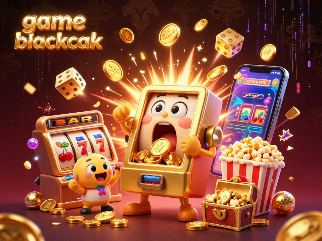 Experience the excitement of game blackjack with a 3D slot machine winning its jackpot amidst golden coins and cheers.