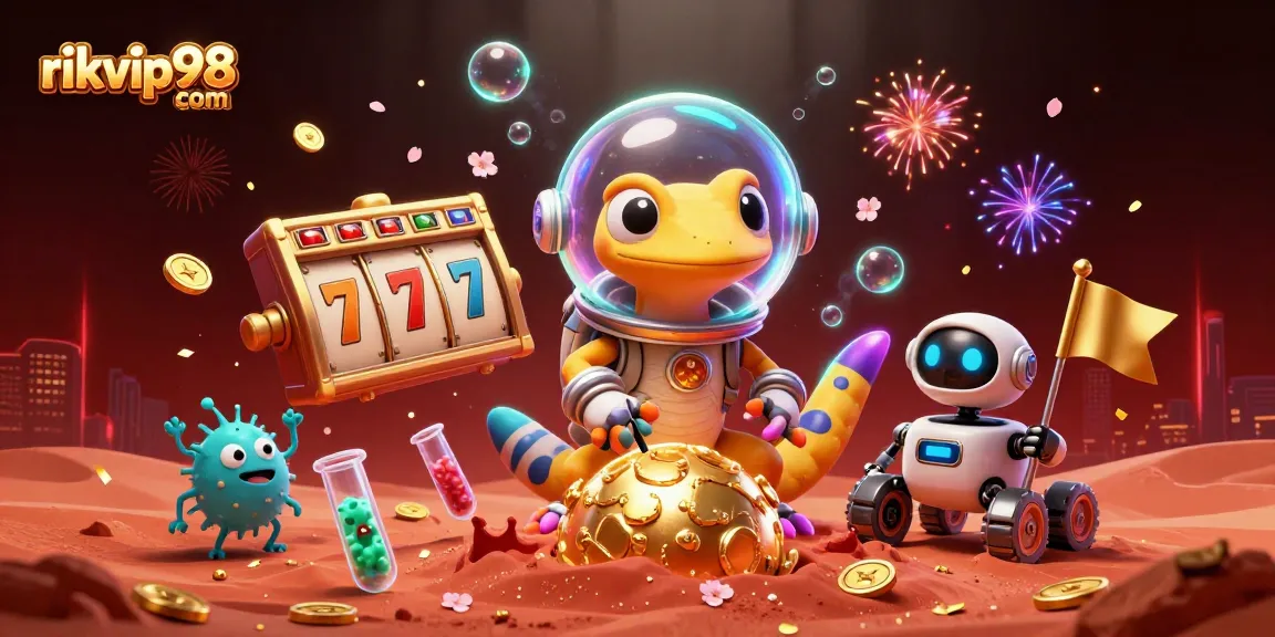 Experience thrilling slots at rikvip98 com with a vibrant Martian gecko and exciting casino elements.