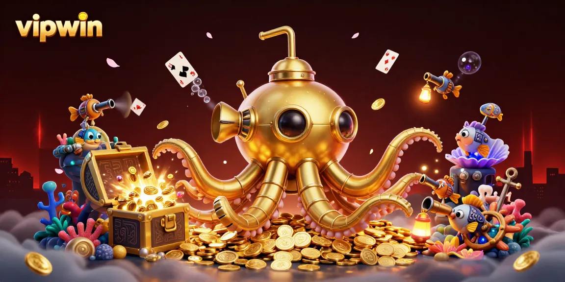 Experience thrilling moments at vipwin with a golden kraken submarine surrounded by treasure and casino elements.