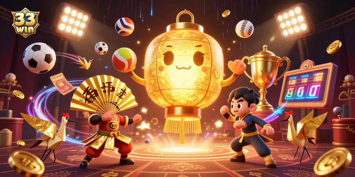 Engage in thrilling casino betting at 33WIN with dynamic sports elements and golden lanterns.