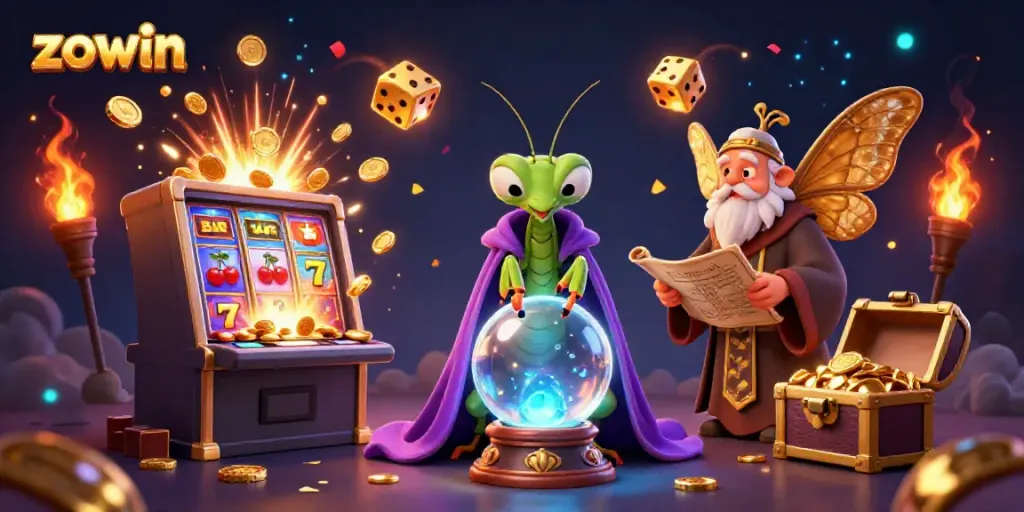Experience the thrill at Zowin with a magical 3D gaming illustration showcasing fortune tellers and jackpot excitement.