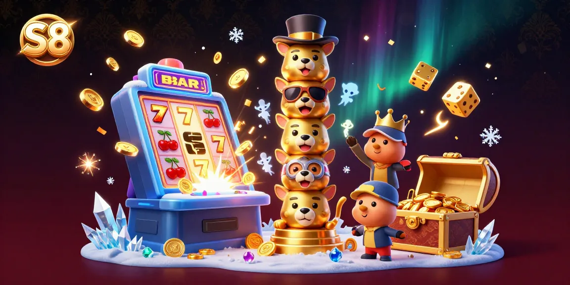 S8 features a vibrant 3D illustration of a golden totem pole among dynamic casino elements, perfect for gamers.