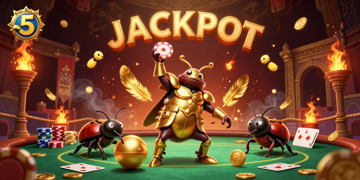 Engage in thrilling game bài kèo nhà cái 5 with cartoon beetles and poker elements in a dynamic illustration.
