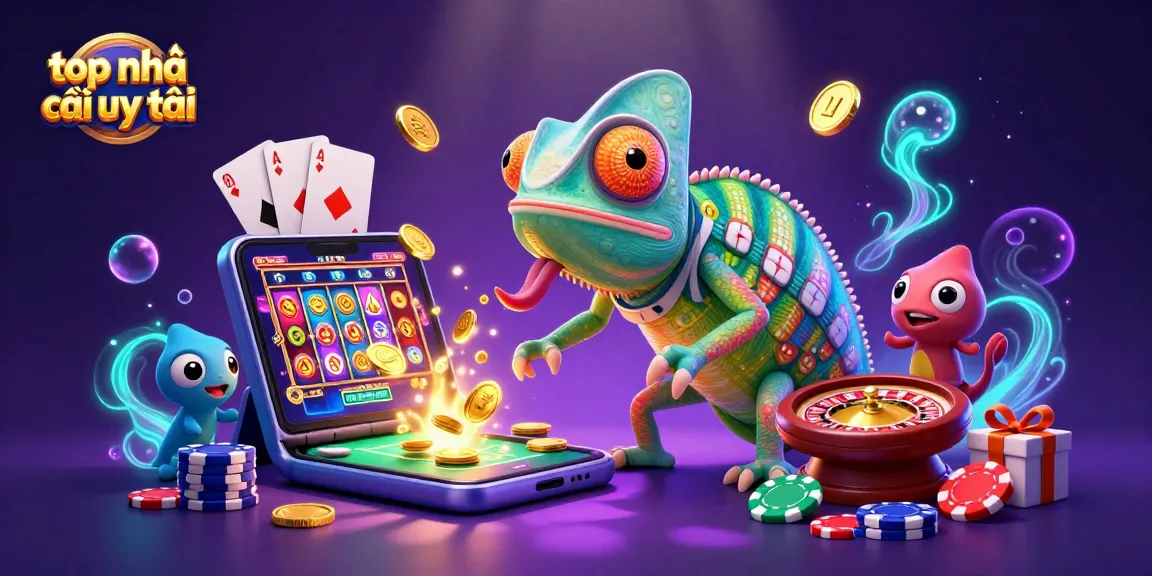 Engaging chameleon casino owner surrounded by golden coins and gaming elements in the top nhà cái uy tín illustration.