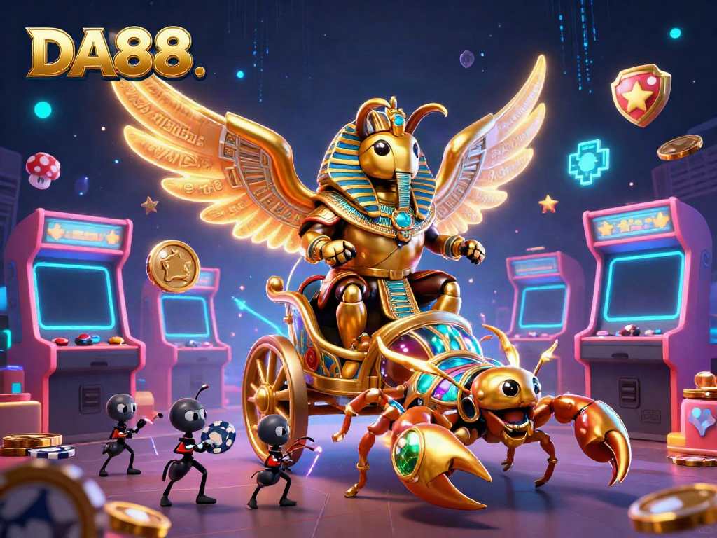 Engage in thrilling gameplay with DA88 featuring a golden scarab beetle and vibrant casino elements.