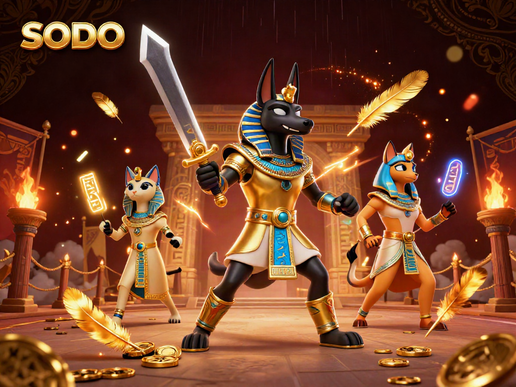 SODO66 gaming action scene featuring Anubis and Bastet in a vibrant casino setting.