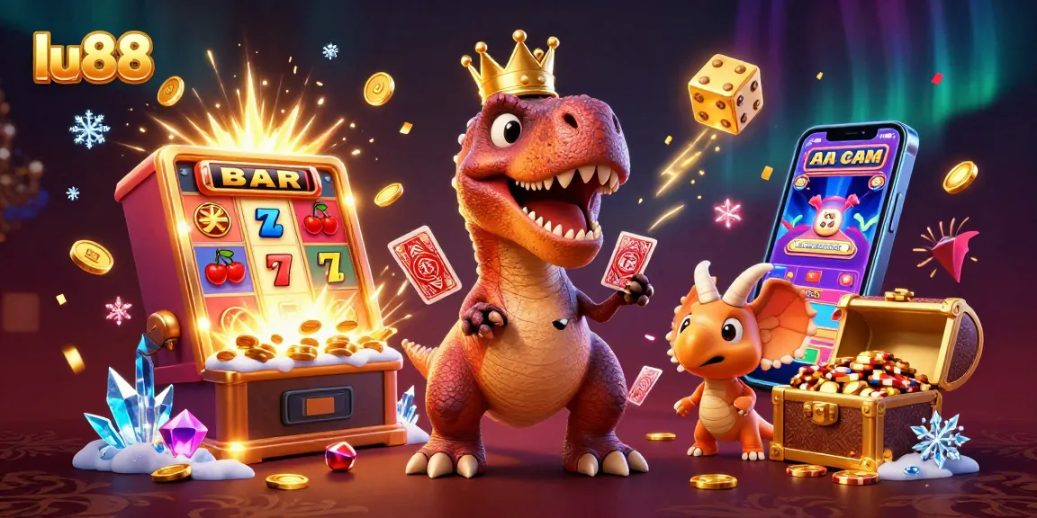 lu88 features a friendly T-Rex playing cards in a lively casino scene with golden coins.