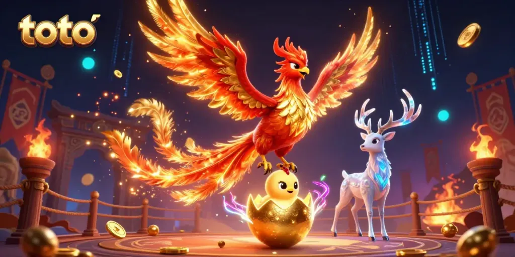 Experience thrilling gambling action with the fiery toto phoenix and mystical stag in an electric casino atmosphere.