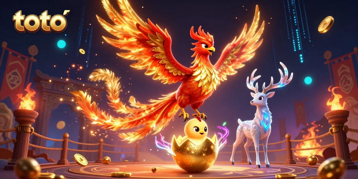 Experience thrilling gambling action with the fiery toto phoenix and mystical stag in an electric casino atmosphere.