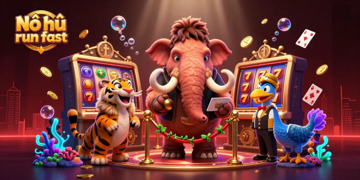 Nổ hũ run fast showcases a mammoth casino bouncer and saber-tooth tiger in a vibrant slot scene with floating cards.