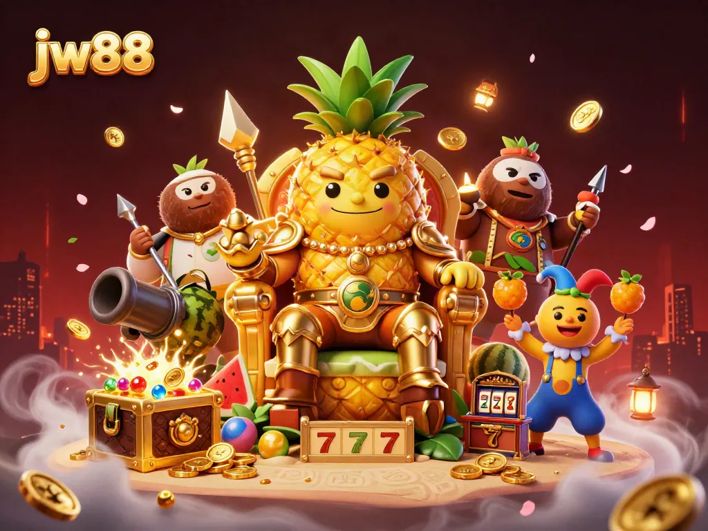 Engaging gameplay scene at jw88 with a vibrant golden pineapple king and slot machine elements.