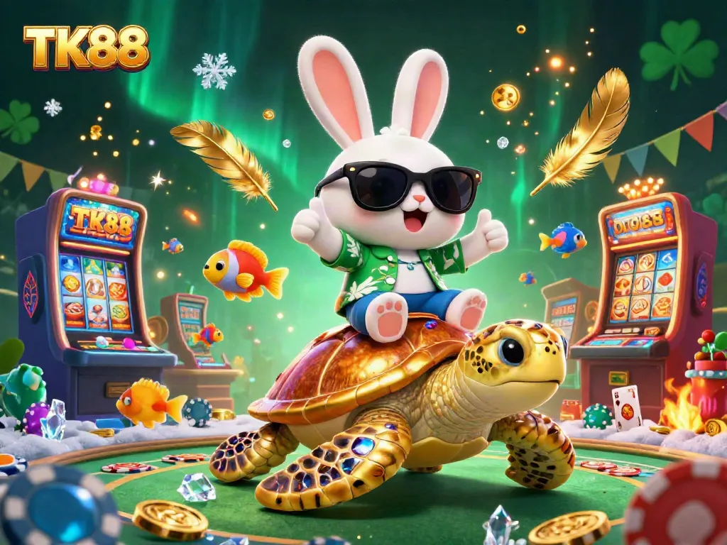 Experience thrilling gaming action with TK88, featuring a lucky rabbit and golden turtle in a vibrant casino.
