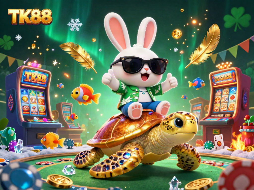 Experience thrilling gaming action with TK88, featuring a lucky rabbit and golden turtle in a vibrant casino.