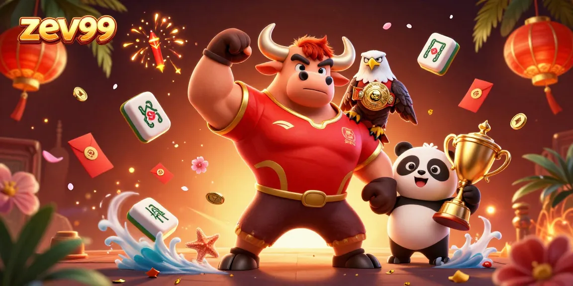 Play slots and win with zev99 as a muscular bull mascot celebrates victory in an exciting casino scene.