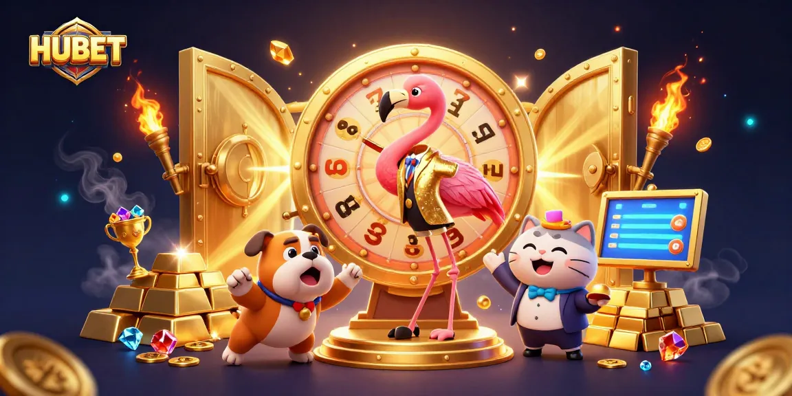 Win big with HUBET as a golden prize wheel spins, revealing exciting treasures in an engaging casino scene.