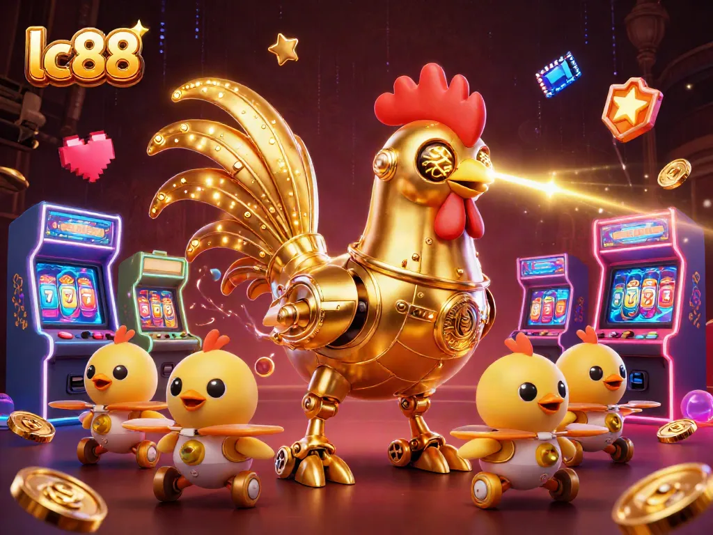 Experience the lc88 casino thrill with a golden rooster robot amidst slot reels and vibrant game elements.