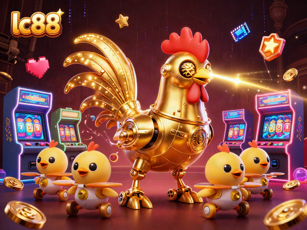 Experience the lc88 casino thrill with a golden rooster robot amidst slot reels and vibrant game elements.