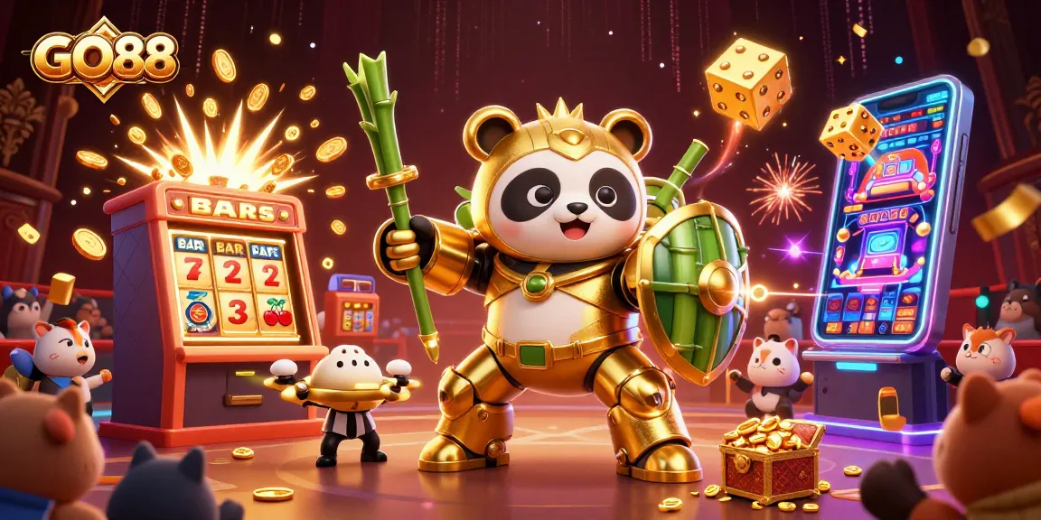 Experience exciting wins at GO88 with a vibrant 3D casino scene featuring slot machines and a lively audience.