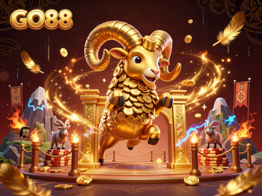 Engage with GO88's thrilling gaming world featuring a golden ram at the gaming arena.