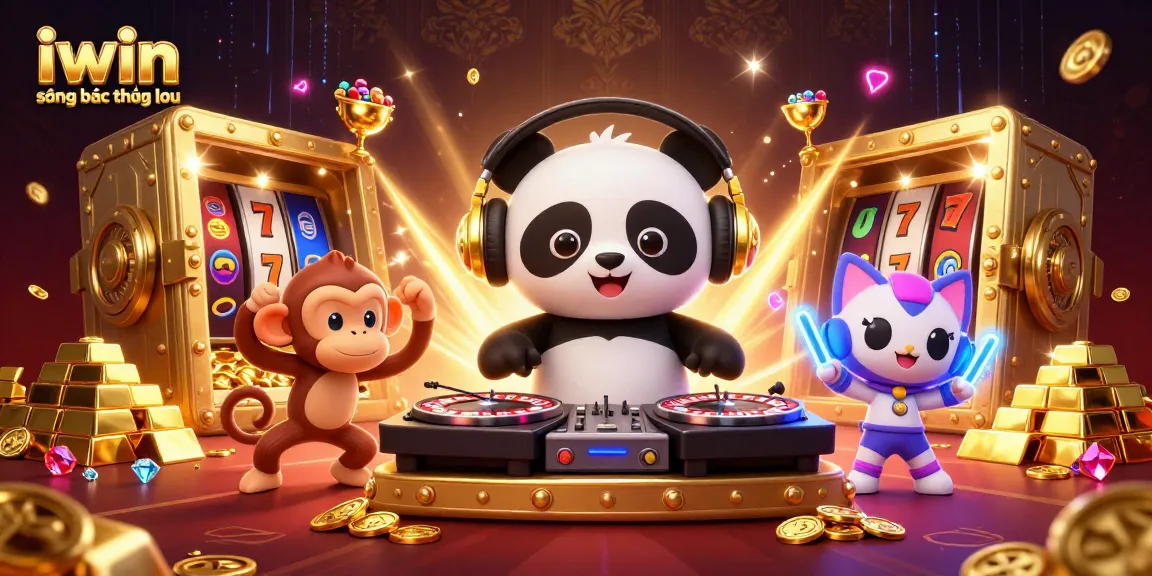 Experience the excitement of iwin sòng bạc thượng lưu with a colorful casino scene featuring a DJ panda, dancing monkey, and kitten.