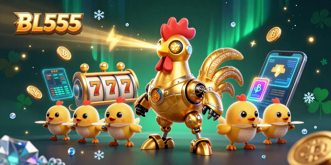 Experience thrilling gameplay at BL555 with a colorful casino adventure featuring a futuristic rooster and coin treasures.