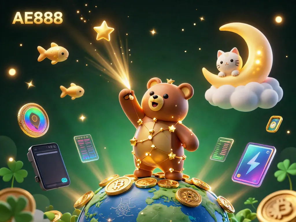 Engage in dynamic AE888 gaming with a constellation bear and cryptocurrency elements in a vibrant casino scene.