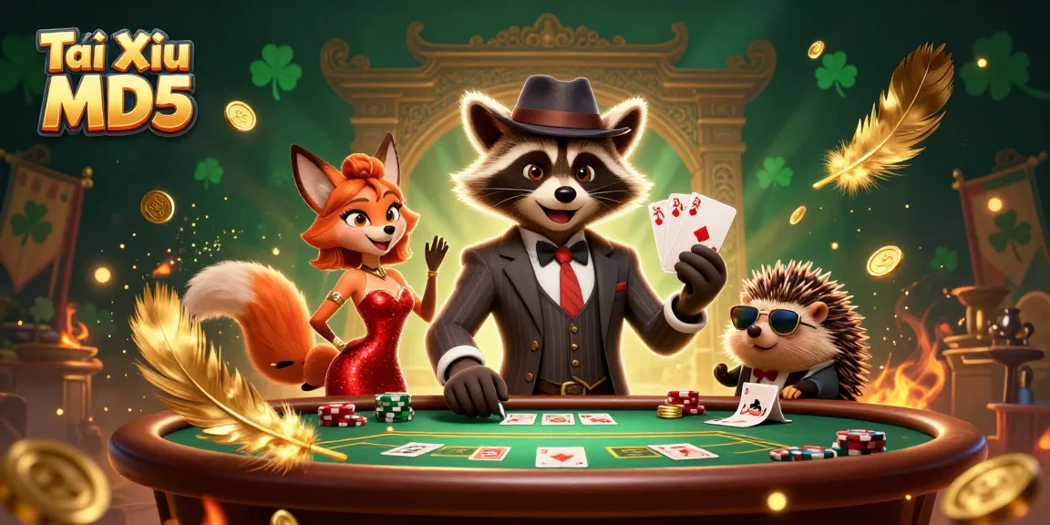 Tài Xỉu MD5 gameplay with a raccoon holding a royal flush and fellow players, showcasing vibrant casino action.