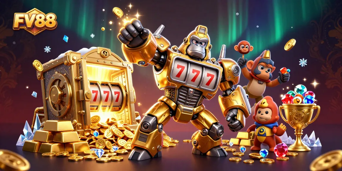 Experience thrilling wins with FV88's vibrant casino adventure featuring a golden gorilla mech.