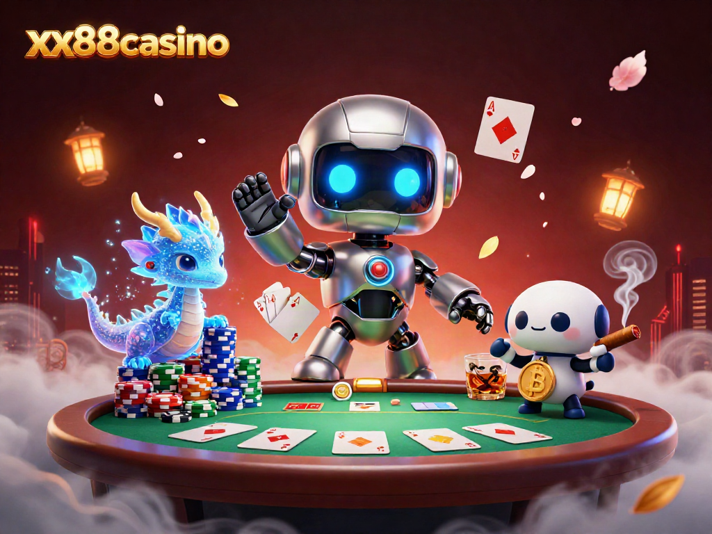 Experience exhilarating poker action with xx88casino's vibrant cartoon scene, showcasing iconic game elements.