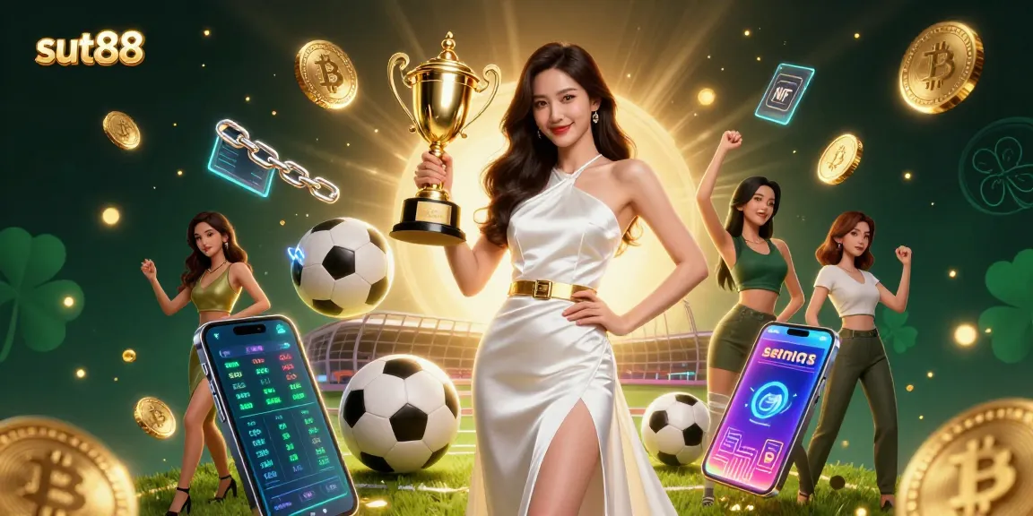 Place bets with sut88's victorious Asian woman holding a trophy in a vibrant casino-themed 3D illustration.
