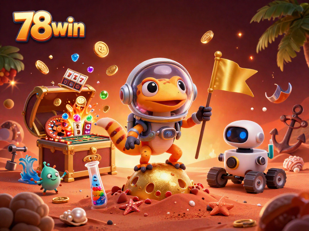 Engage with 78win's thrilling casino world, featuring a Martian gecko exploring a golden treasure.