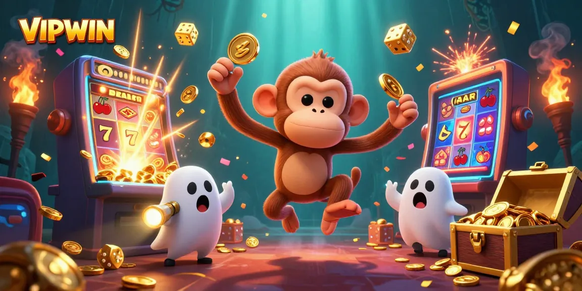 Experience the excitement of VIPWIN in a vibrant casino scene filled with games and treasure.