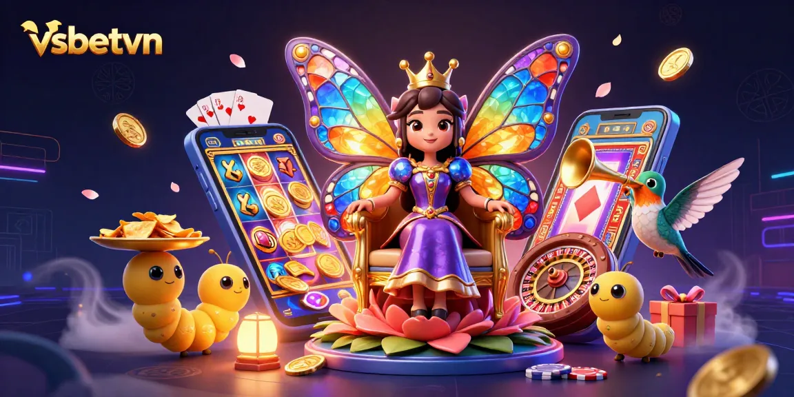Experience thrilling gameplay at vsbetvn with vibrant games, golden chips, and a festive butterfly queen.
