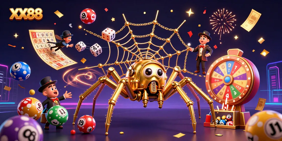 Engage with the dynamic scene of XX88 featuring colorful casino elements and a thrilling steampunk spider.