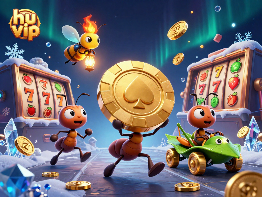 Spot the hu vip team of ants in a thrilling slot adventure, carrying a giant poker chip through a sparkling tunnel.